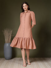 women solid collared midi shirt dress with button down front and ruffle hem