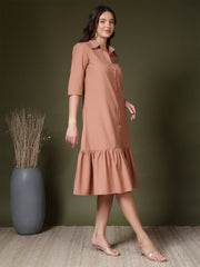 women solid collared midi shirt dress with button down front and ruffle hem