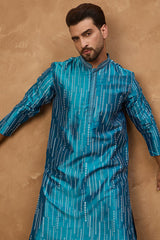 blue silk blend geometric printed straight kurta
