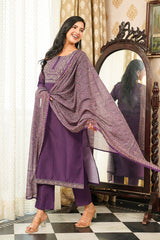 purple rayon blend ajrakh printed straight kurta trousers with dupatta