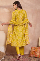 yellow floral printed straight kurta trouser with dupatta