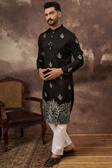 black silk blend solid embroidered straight kurta with trouser