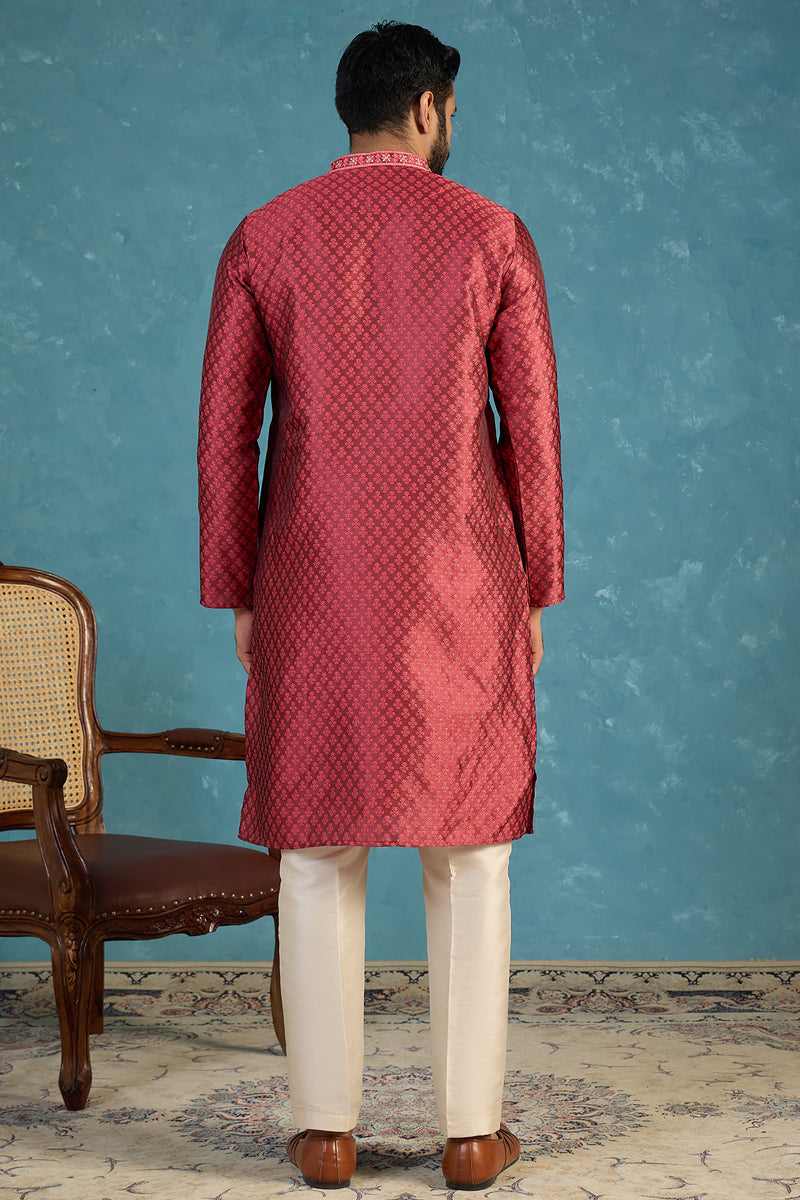 Mens Maroon Jacquard Woven Design Straight Kurta MKU2342