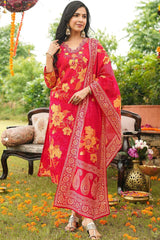 red viscose rayon floral embroidered straight kurta trousers with dupatta