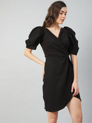 athena black tulip wrap dress with volume sleeves