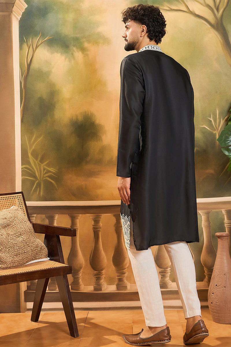 Black Silk Blend Solid Embroidered Straight Kurta