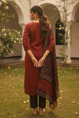 maroon rayon blend geometric printed straight kurta trousers with dupatta
