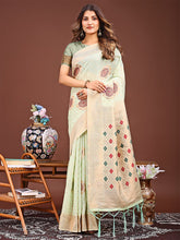 Elegance Draped in Threads: Mint Linen Cotton Saree Woven with Serene Charm
