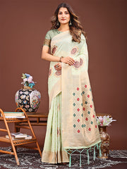 Elegance Draped in Threads: Mint Linen Cotton Saree Woven with Serene Charm