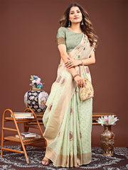 Elegance Draped in Threads: Mint Linen Cotton Saree Woven with Serene Charm