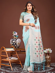 Elegance Draped in Threads: Mint Linen Cotton Saree Woven with Serene Charm