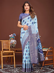 Elegant Blue Linen Cotton Patola Saree – A Refreshing Harmony of Culture and Comfort
