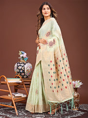 Elegance Draped in Threads: Mint Linen Cotton Saree Woven with Serene Charm