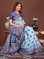 Elegant Blue Linen Cotton Patola Saree – A Refreshing Harmony of Culture and Comfort