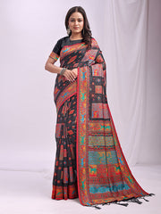 Linen Cotton Saree with Multicolor Ethnic Print - Soft & Lightweight Saree for Festive, Daily, and Office Wear