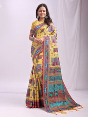 Linen Cotton Saree with Multicolor Ethnic Print - Soft & Lightweight Saree for Festive, Daily, and Office Wear