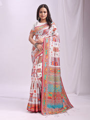 Linen Cotton Saree with Multicolor Ethnic Print - Soft & Lightweight Saree for Festive, Daily, and Office Wear