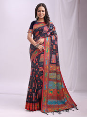 Linen Cotton Saree with Multicolor Ethnic Print - Soft & Lightweight Saree for Festive, Daily, and Office Wear
