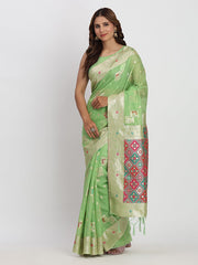 Sea Green Linen Saree with Multicolor Weaving & Zari Pallu – Elegant & Lightweight for Everyday Grace
