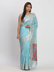 Sea Green Linen Saree with Multicolor Weaving & Zari Pallu – Elegant & Lightweight for Everyday Grace