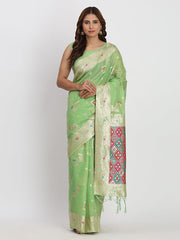 Sea Green Linen Saree with Multicolor Weaving & Zari Pallu – Elegant & Lightweight for Everyday Grace