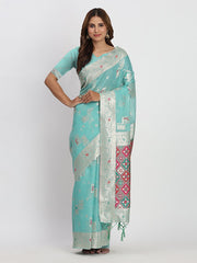 Sea Green Linen Saree with Multicolor Weaving & Zari Pallu – Elegant & Lightweight for Everyday Grace
