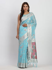 Sea Green Linen Saree with Multicolor Weaving & Zari Pallu – Elegant & Lightweight for Everyday Grace