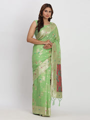Sea Green Linen Saree with Multicolor Weaving & Zari Pallu – Elegant & Lightweight for Everyday Grace