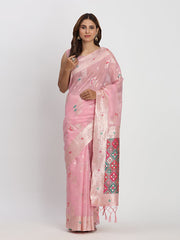 Sea Green Linen Saree with Multicolor Weaving & Zari Pallu – Elegant & Lightweight for Everyday Grace