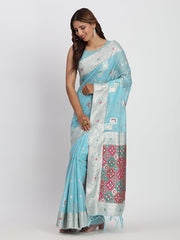 Sea Green Linen Saree with Multicolor Weaving & Zari Pallu – Elegant & Lightweight for Everyday Grace