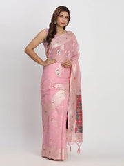 Sea Green Linen Saree with Multicolor Weaving & Zari Pallu – Elegant & Lightweight for Everyday Grace