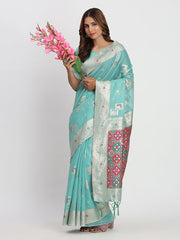 Sea Green Linen Saree with Multicolor Weaving & Zari Pallu – Elegant & Lightweight for Everyday Grace