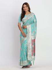 Sea Green Linen Saree with Multicolor Weaving & Zari Pallu – Elegant & Lightweight for Everyday Grace