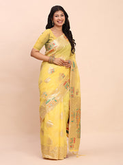 Linen Saree with Multicolor Weaving & Zari Pallu - Elegant & Lightweight for Everyday Grace