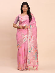 Linen Saree with Multicolor Weaving & Zari Pallu - Elegant & Lightweight for Everyday Grace