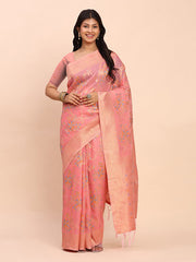 Elegant Linen Cotton Saree with Floral Weave & Soft Pallu - Graceful Choice for Casual, Office & Festive Looks