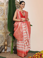 Premium Woven Linen Cotton Saree with Traditional Zari Border - Elegant Festive Look Perfect for Durga Puja, Navratri & Bengali Celebrations