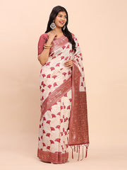 Elegant Linen Cotton Saree with Zari Woven Border and Pallu - Soft Lightweight Saree for Daily, Festive & Office Wear