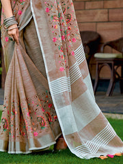 Linen Cotton Saree with Vibrant Floral Zari Border | Premium Festive & Party Collection