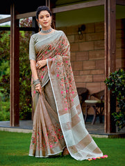 Linen Cotton Saree with Vibrant Floral Zari Border | Premium Festive & Party Collection