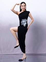 athena embellished one shoulder applique scuba maxi dress