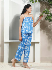 athena smocked printed linen top with trouser