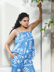 athena smocked printed linen top with trouser