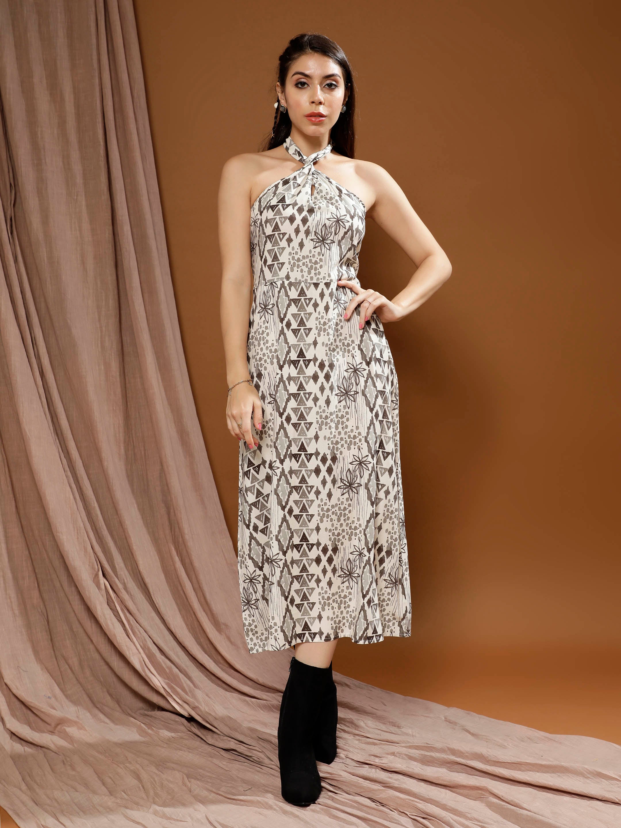 bohemian print halter neck a line midi dress 1