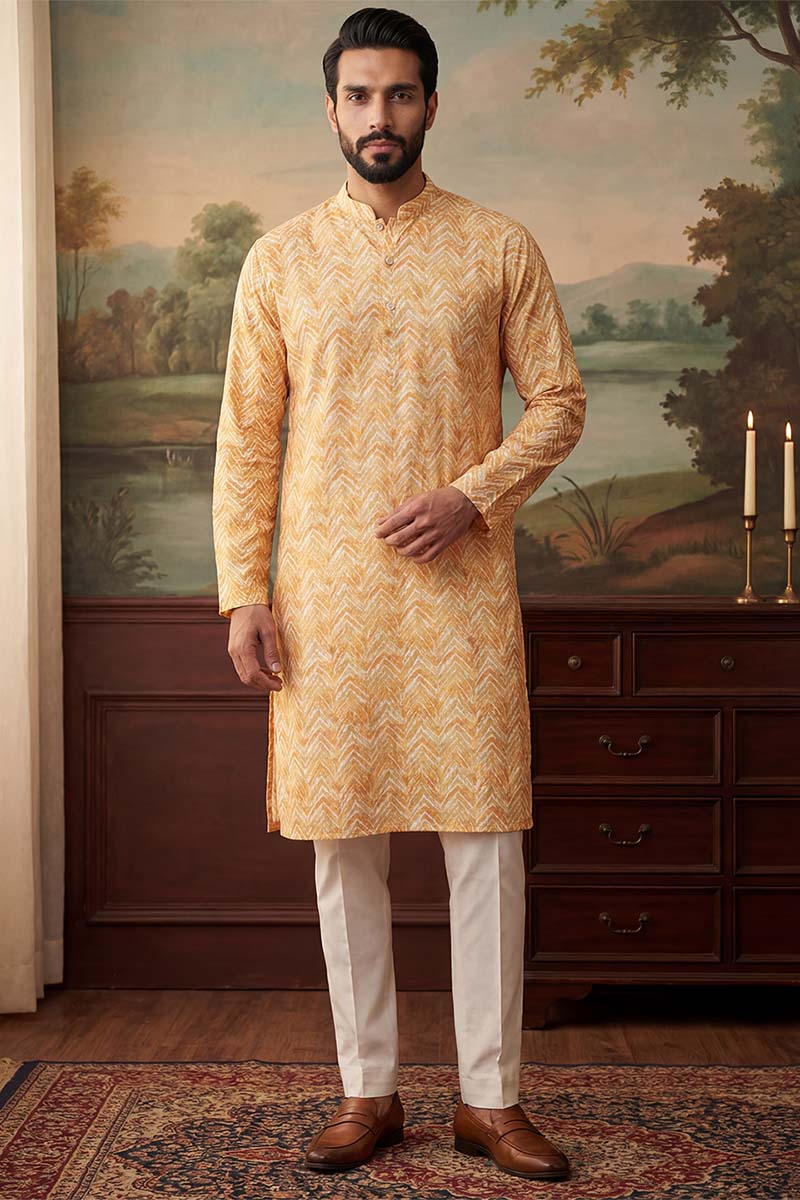 Yellow Linen Printed Straight Kurta With Trousers