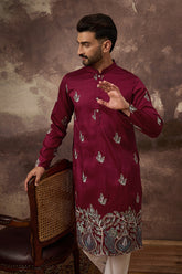 maroon silk blend solid embroidered straight kurta with trouser