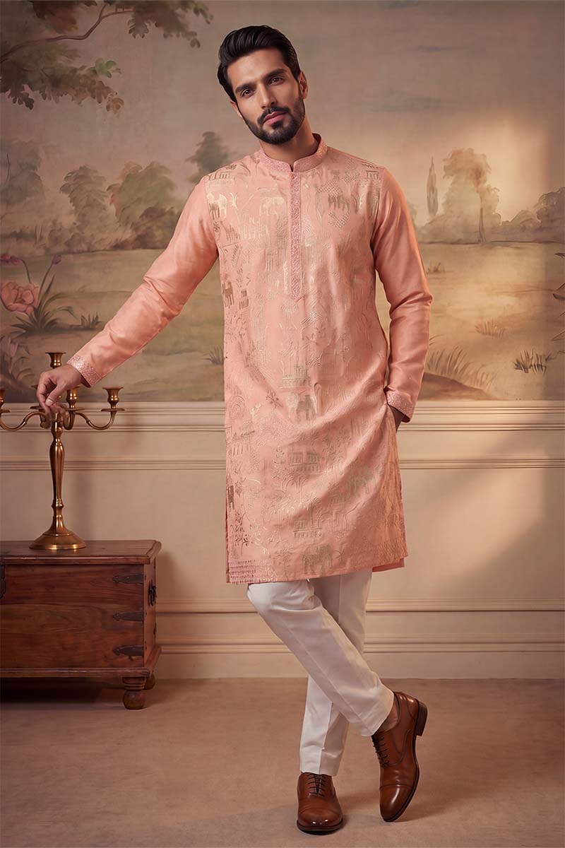 ethnic-bay-mens-peach-viscose-rayon-solid-embroidered-kurta-with-trousers-mkset2092