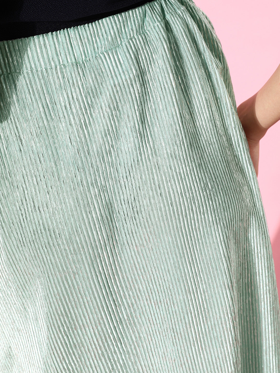 athena women green a line shimmery accordion pleated skirt