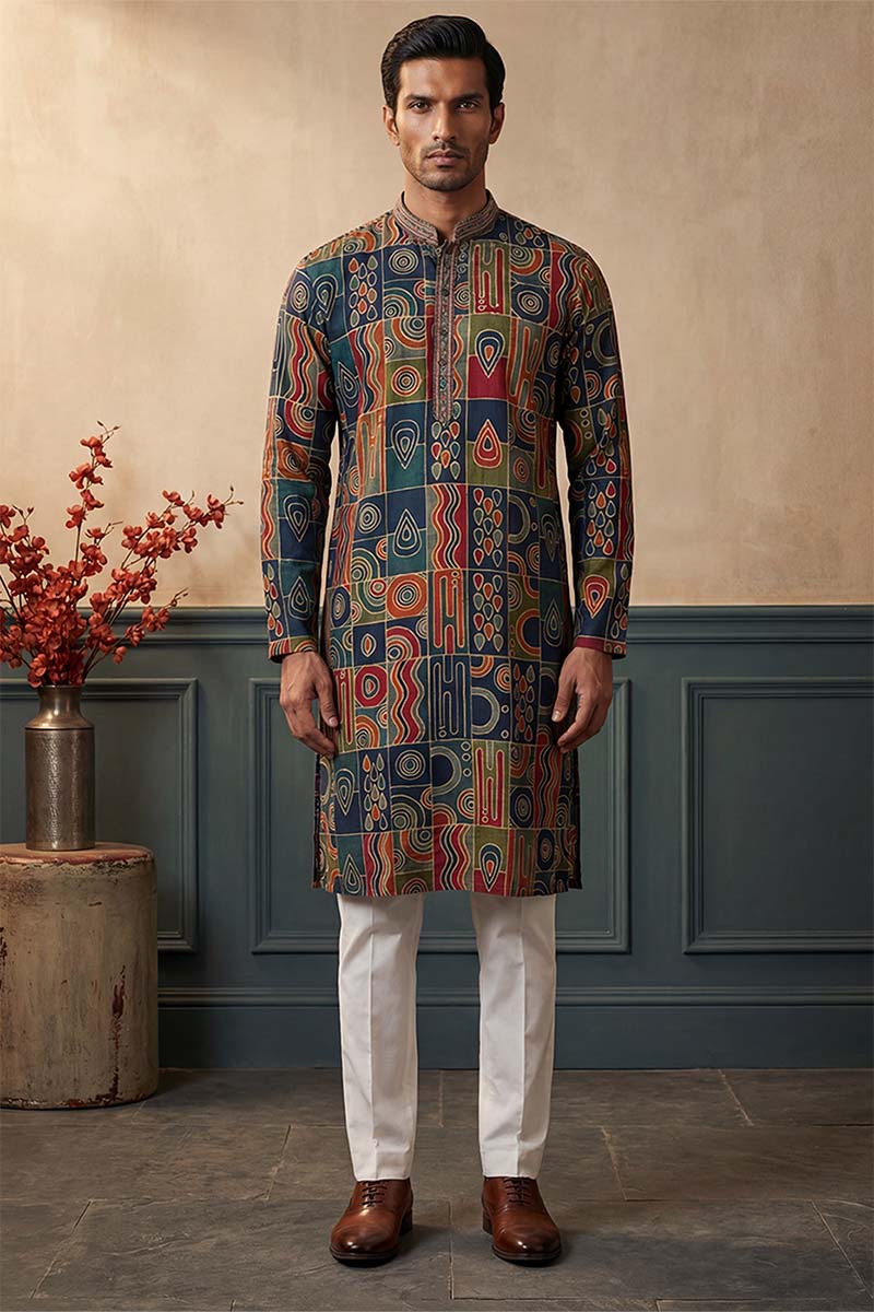 Viscose Rayon Multi Abstract Printed Calf Length Straight Kurta