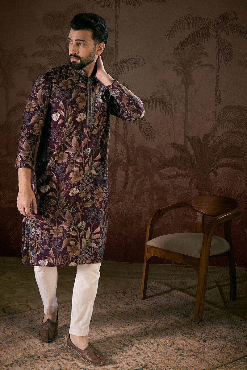 Purple Silk Blend Floral Printed Straight Kurta With Trouser